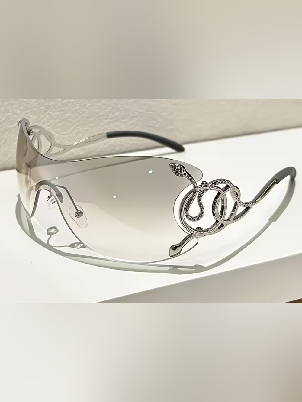 Silver Snake-Embellished Shield Sunglasses - Silver